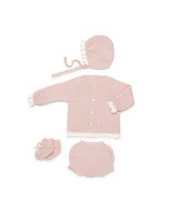 Juliana Completo Quattro Pezzi Maglioncino Coulotte Cuffietta Scarpine in Lana (Copia)