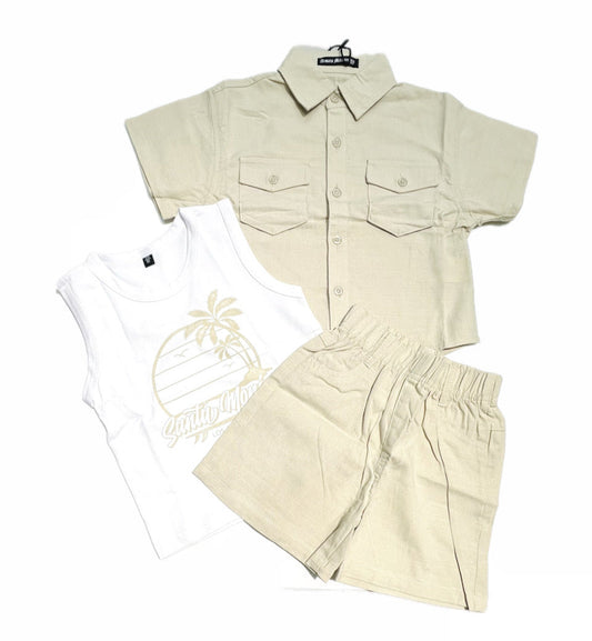 Completo Tre Pezzi Neonato in Cotone camicia canotta short