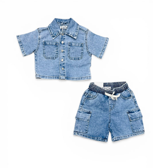 Completo Jeans Denim Da Neonato Camicione e Bermuda