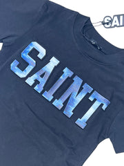 Saint T-Shirt Premium 100% Cotone Da Bambino Scritta in Rilievo Effetto Jeans