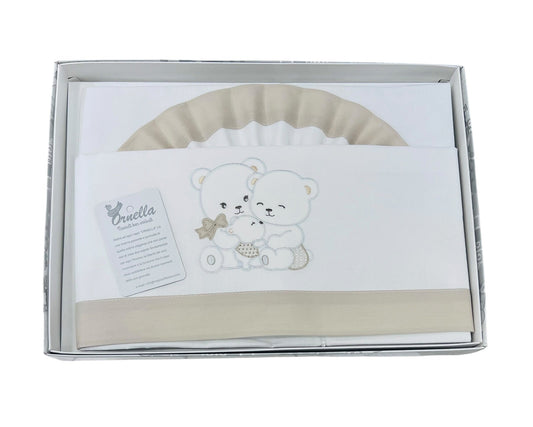 Ornella Coordinato Carrozzina 100% Cotone Ricamo Orsetti Lenzuola Sopra Sotto e Federa