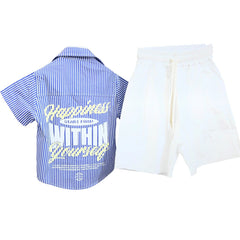 Just West Camicia Mezza Manica Rigata Con Stampa Retro 100% Cotone
