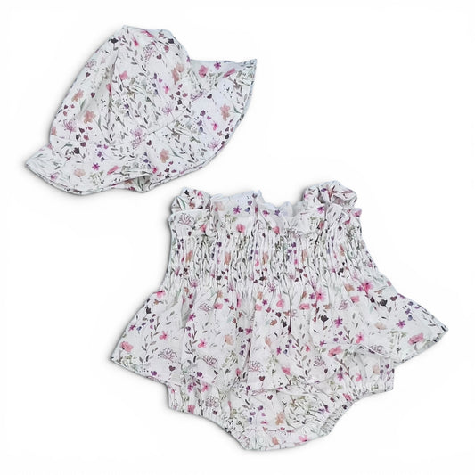 Pagliaccetto Bretellina Cotone Con Cappellino Da Neonata