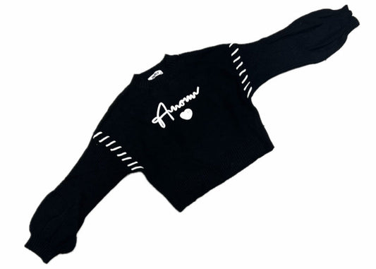 Pullover Lana Rasata con Maniche a Sbuffo Con Ricamo Amour Da Bambina