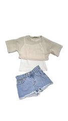 Kitty Kiss Completo bambina Tre Pezzi Maglia Rete in Filo Top Short