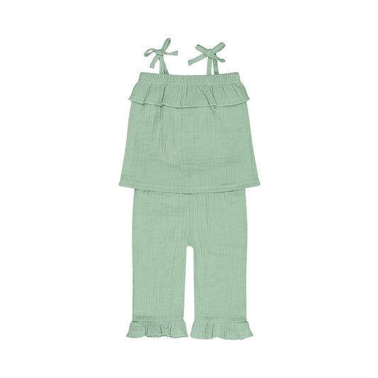 Dirkje Completo Neonata e Bambina in misto Lino Top con Fiocchi+ Pantalone