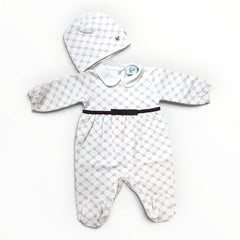 G. Gucci Set Tutina in Felpa e Cappellino Logato con Fascia web e Fiocco Da Neonata