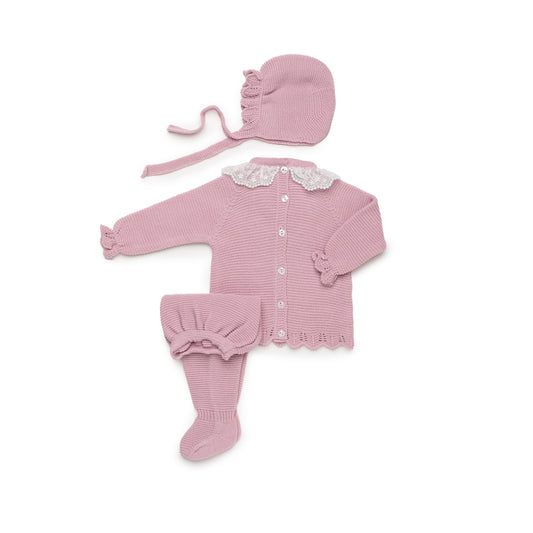 Juliana Completo Tre Pezzi in Lana Maglioncino con Colletto in Macramè Ghettina Cuffietta (Copia)