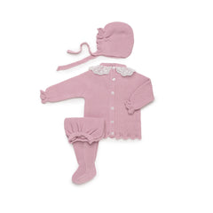 Juliana Completo Tre Pezzi in Lana Maglioncino con Colletto in Macramè Ghettina Cuffietta (Copia)