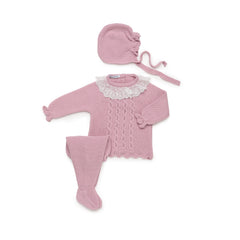 Juliana Completo Tre Pezzi in Lana Maglioncino con Colletto in Macramè Ghettina Cuffietta (Copia)