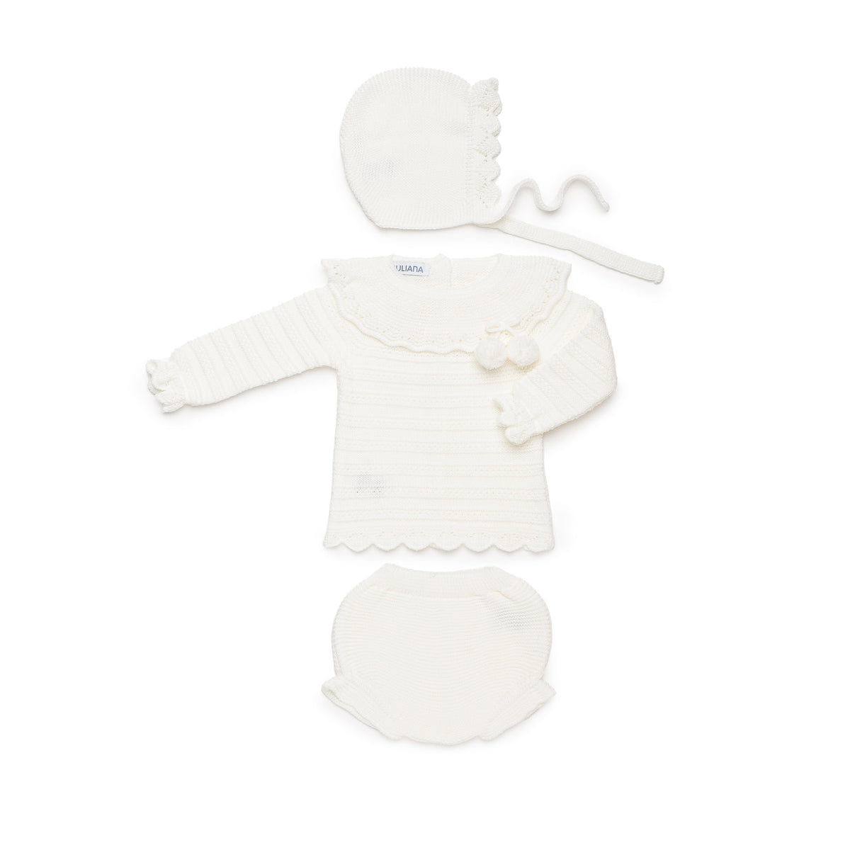 Juliana Completo Tre Pezzi Maglioncino Coulotte Cuffietta e Scarpine