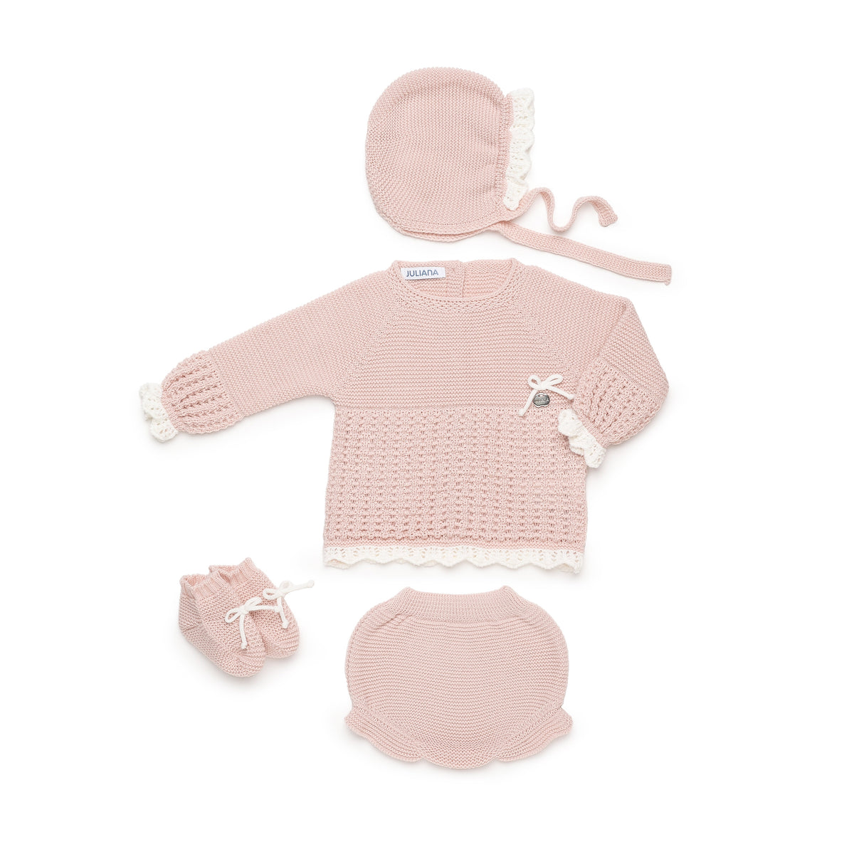 Juliana Completo Quattro Pezzi Maglioncino Coulotte Cuffietta Scarpine in Lana (Copia)