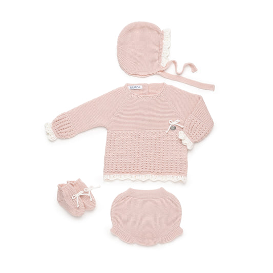 Juliana Completo Quattro Pezzi Maglioncino Coulotte Cuffietta Scarpine in Lana (Copia)