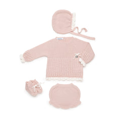 Juliana Completo Quattro Pezzi Maglioncino Coulotte Cuffietta Scarpine in Lana (Copia)