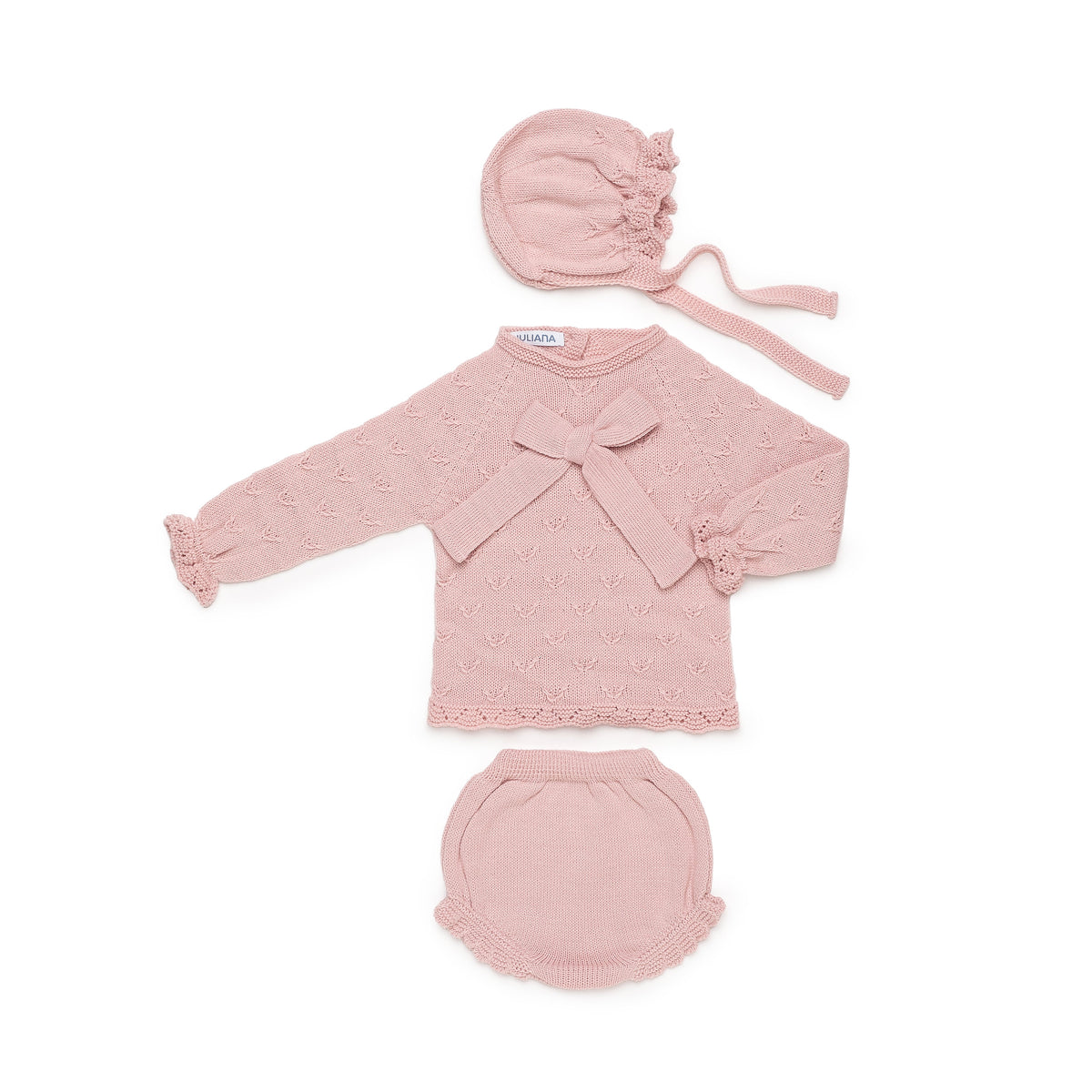 Juliana Completo Tre Pezzi in Lana Maglioncino cop Fiocco con Coulotte e Cuffietta Da Neonata