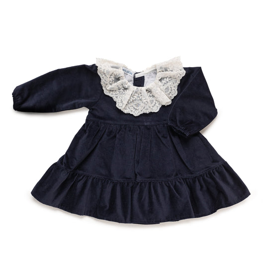 Juliana Abitino in Velluto Blue Con Colletto In Macramè Da Neonata
