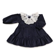 Juliana Abitino in Velluto Blue Con Colletto In Macramè Da Neonata