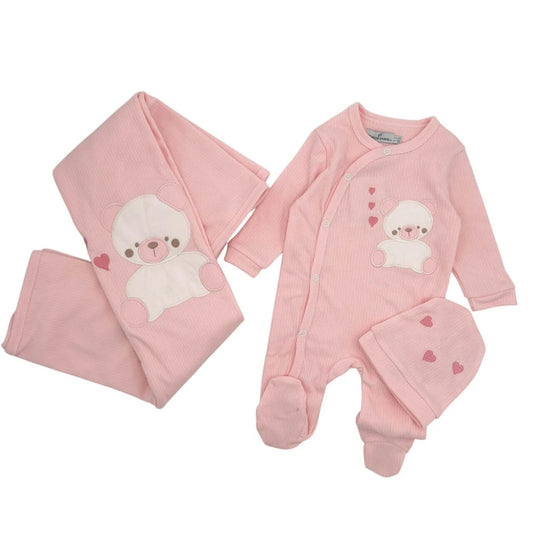Nazareno Gabrielli Set Nascita Cotone Tre Pezzi Tutina Cappellino Copertina