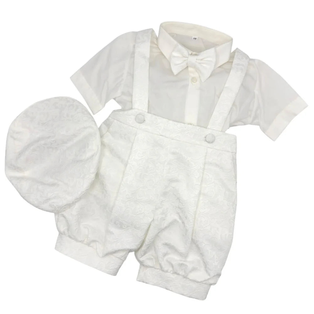 Nazareno Completo Elegante Battesimale Quattro Pezzi Salopette Camicia Papillon Coppola