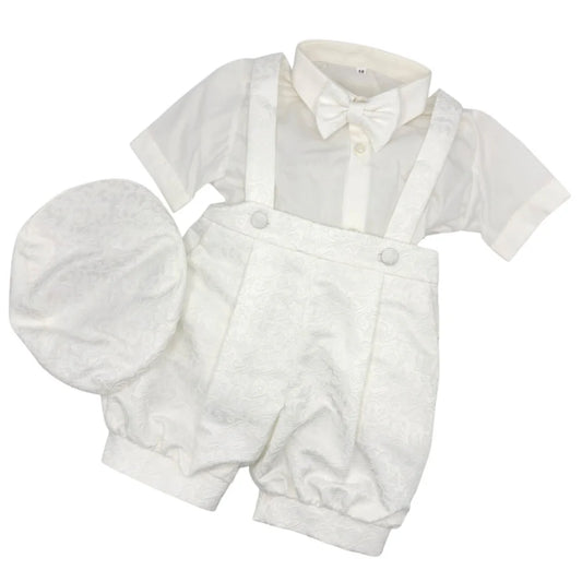 Nazareno Completo Elegante Battesimale Quattro Pezzi Salopette Camicia Papillon Coppola