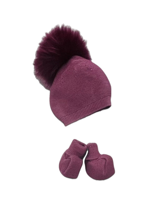 Pappa e Latte Set Cappello+Scarpine in Misto Lana con Pon Pon in Pelliccia