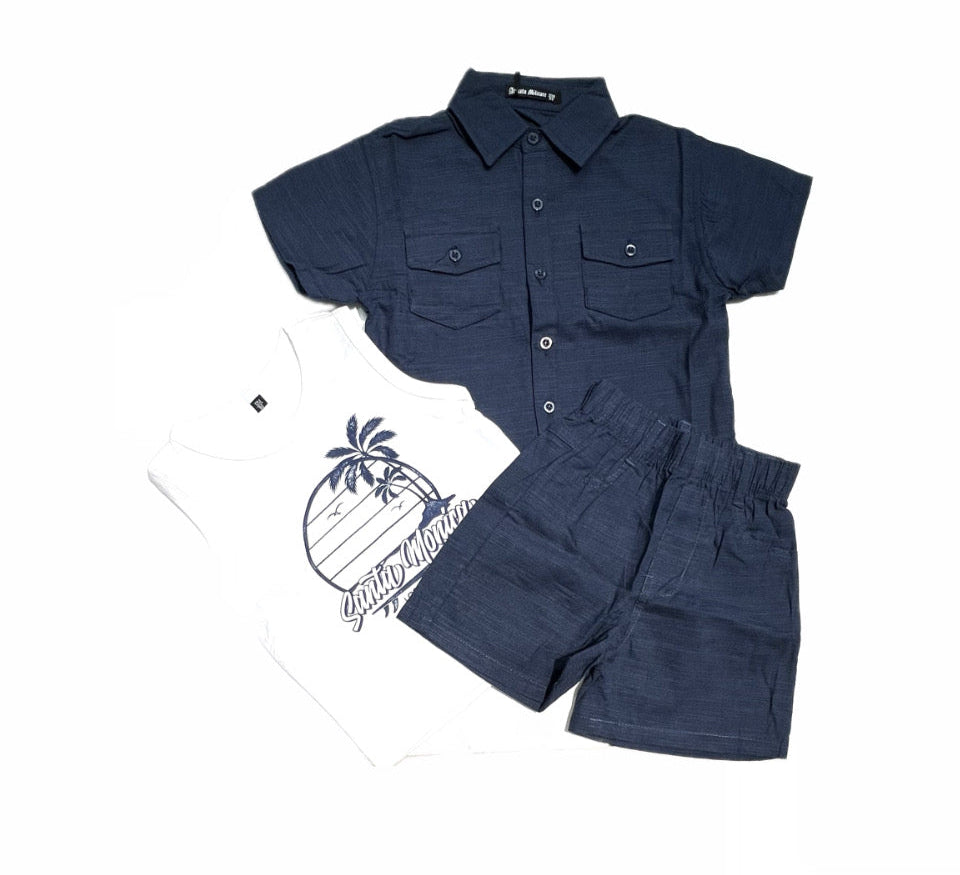 Completo Tre Pezzi Neonato in Cotone camicia canotta short