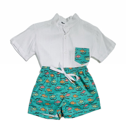 Coordinato Bambino Camicia in Cotone e Costume Mare