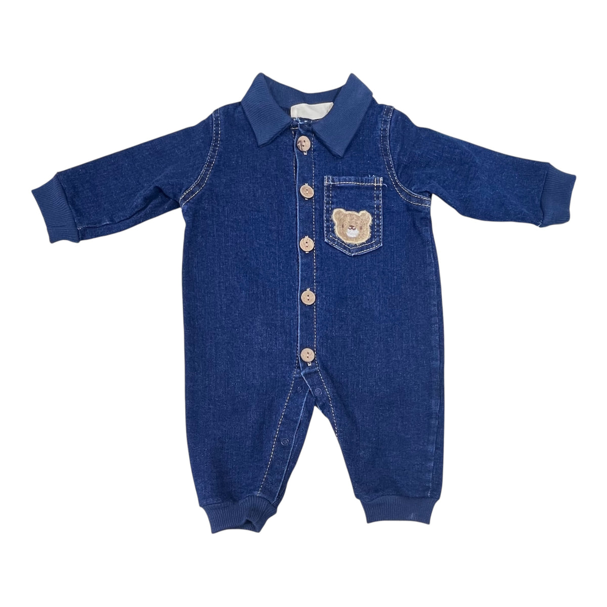Tutina in Cotone/Denim Neonato con Dettagli bottoncino Legno e Orsetto sul Retro