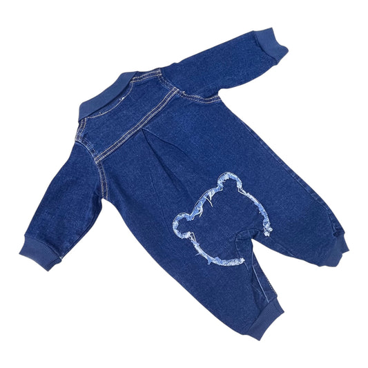 Tutina in Cotone/Denim Neonato con Dettagli bottoncino Legno e Orsetto sul Retro