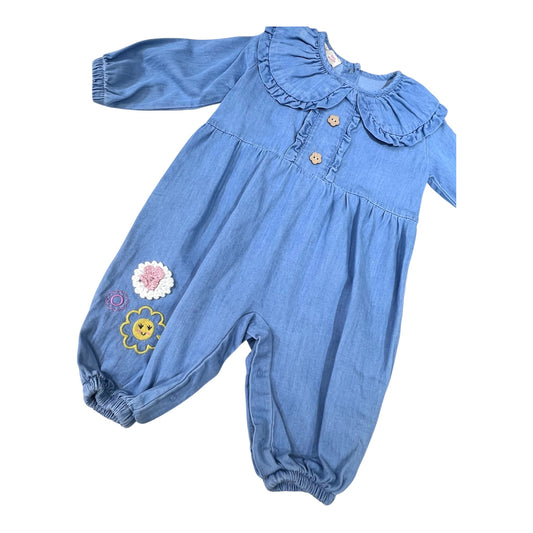 Tutina Neonata in Cotone/Denim con Fiorellini ricamati e Colletto Ampio