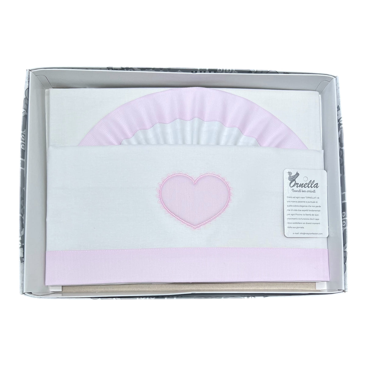 Ornella Coordinato Carrozzina 100% Cotone Ricamo Cuore Lenzuola Sopra Sotto e Federa