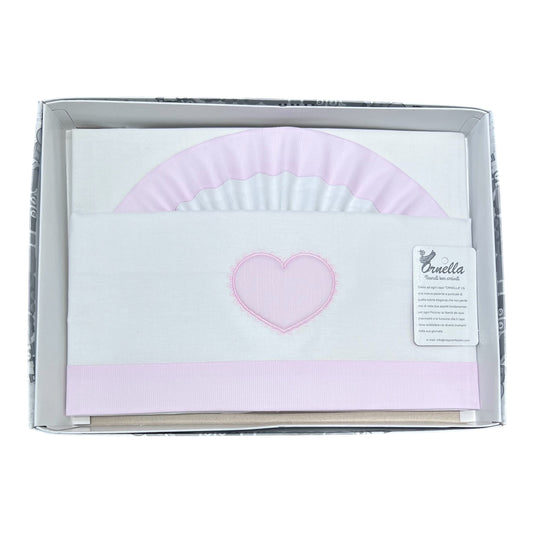 Ornella Coordinato Carrozzina 100% Cotone Ricamo Cuore Lenzuola Sopra Sotto e Federa