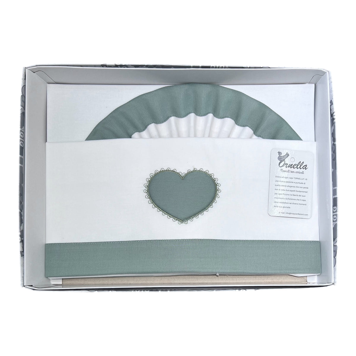 Ornella Coordinato Carrozzina 100% Cotone Ricamo Cuore Lenzuola Sopra Sotto e Federa