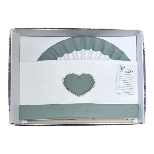 Ornella Coordinato Carrozzina 100% Cotone Ricamo Cuore Lenzuola Sopra Sotto e Federa