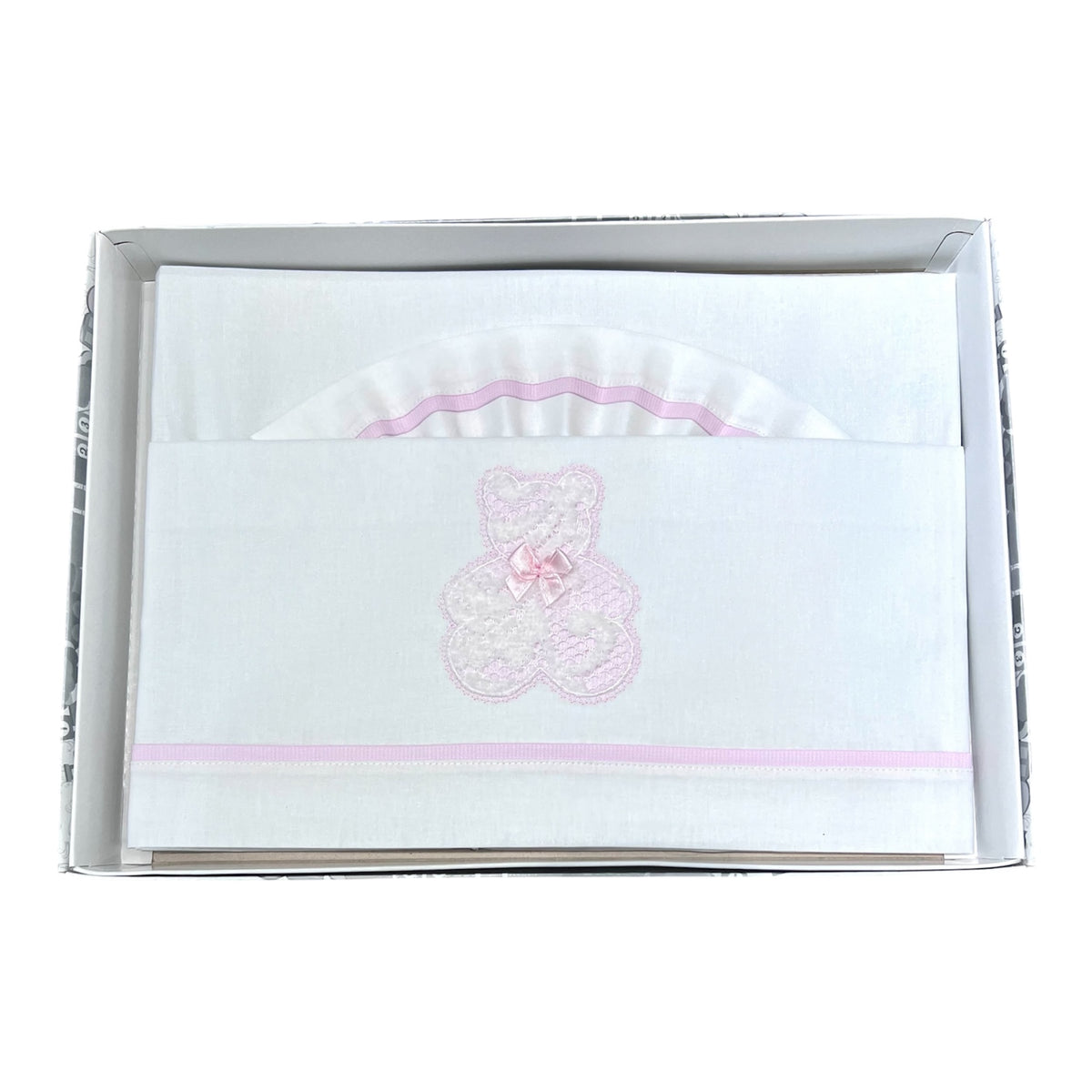 Ornella Coordinato Carrozzina 100% Cotone Orso in Pizzo Lenzuola Sopra Sotto e Federa