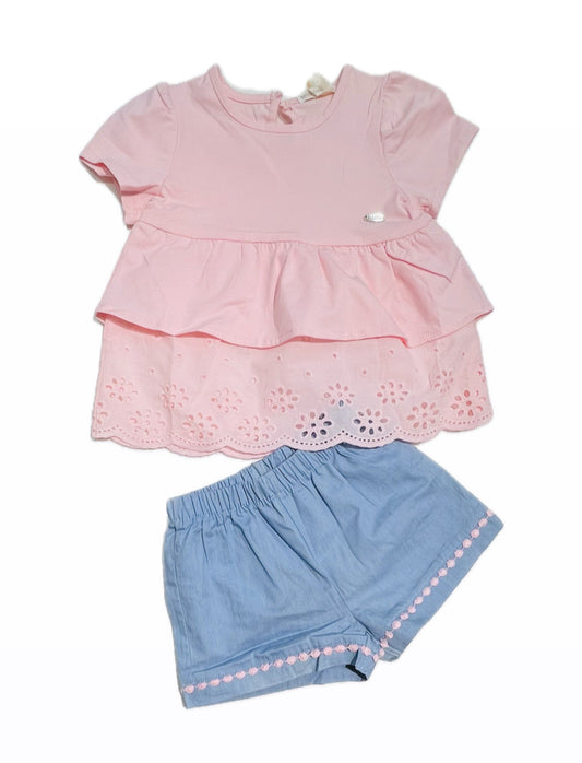 Completo Neonata Blusa in Cotone e Pizzo San Gallo con Short in Cotone