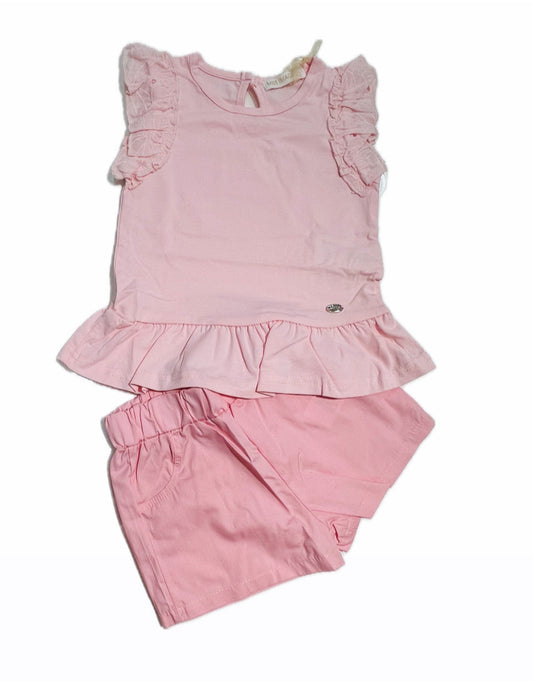 Completo Neonata in Cotone Canotta con Voilant in Pizzo San Gallo e Short