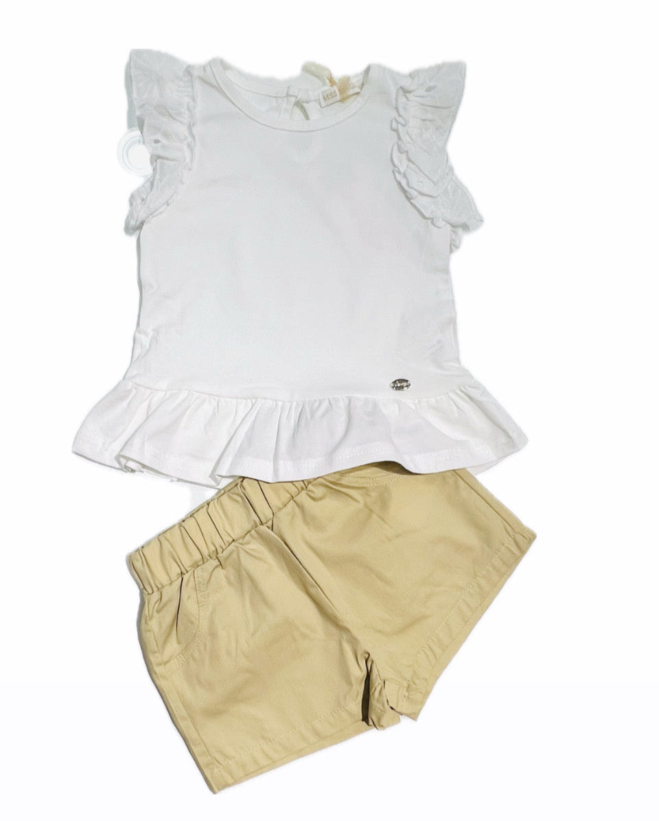 Completo Neonata in Cotone Canotta con Voilant in Pizzo San Gallo e Short