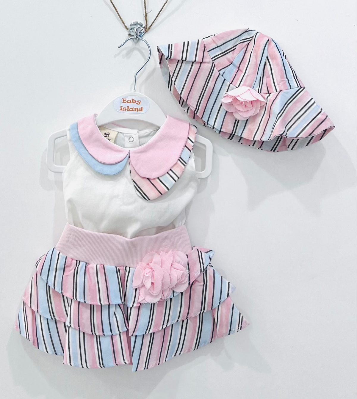 Completo Tre Pezzi Maglia in Lino Con Colletto Gonna Con Balze e Cappello