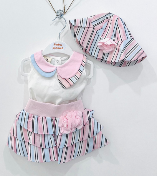 Completo Tre Pezzi Maglia in Lino Con Colletto Gonna Con Balze e Cappello