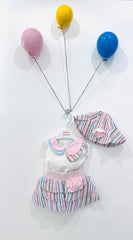 Completo Tre Pezzi Maglia in Lino Con Colletto Gonna Con Balze e Cappello