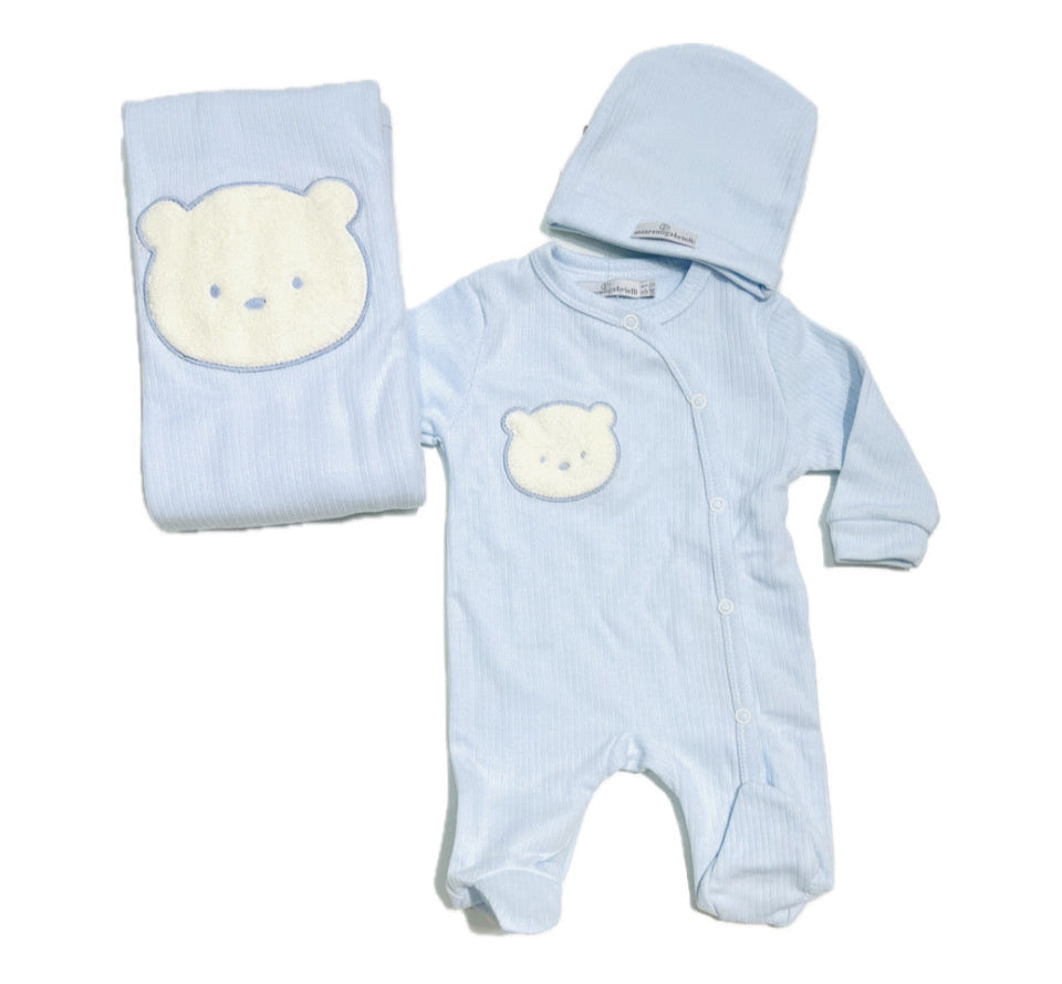 Nazareno Gabrielli Set Nascita Cotone Tre Pezzi Tutina Cappellino Copertina