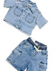 Completo Jeans Denim Da Neonato Camicione e Bermuda