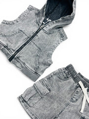 Completo Jeans Denim Da Neonato Gilet e Bermuda