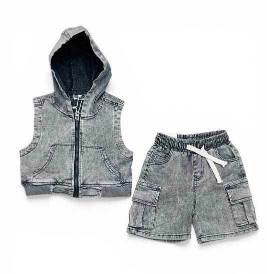 Completo Jeans Denim Da Neonato Gilet e Bermuda
