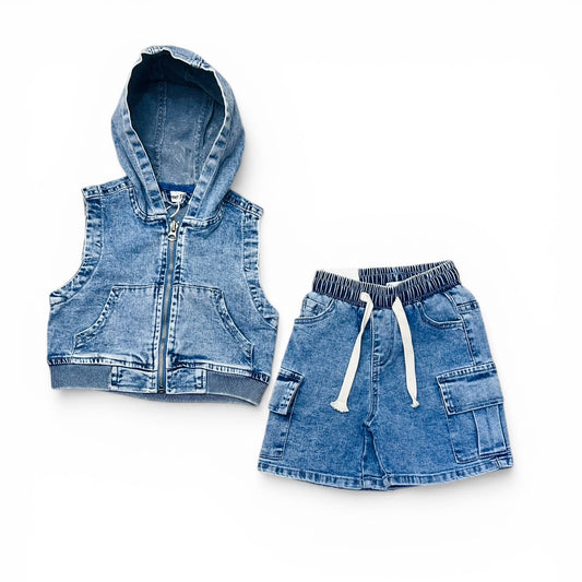 Completo Jeans Denim Da Neonato Gilet e Bermuda