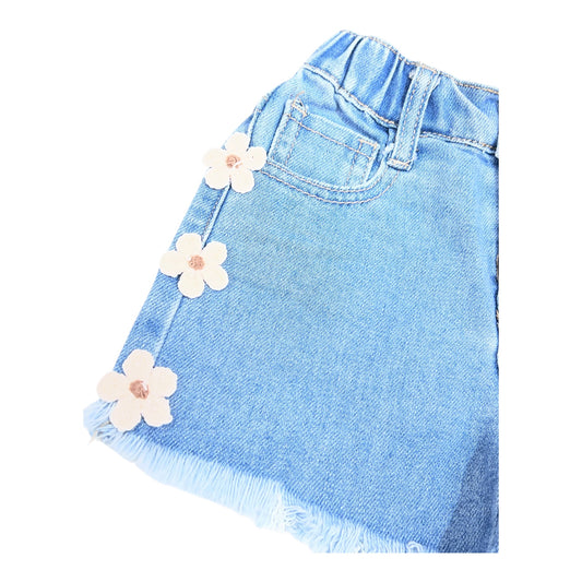 Short Jeans Con Ricamo Margherite in Filo