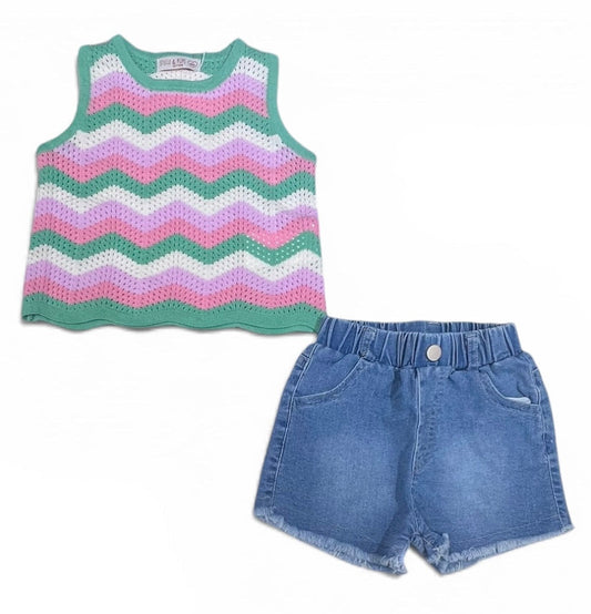 Completo Canotta in Filo e Short in Denim Neonata
