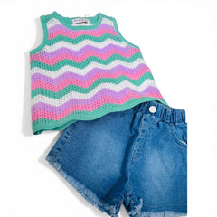 Completo Canotta in Filo e Short in Denim Neonata