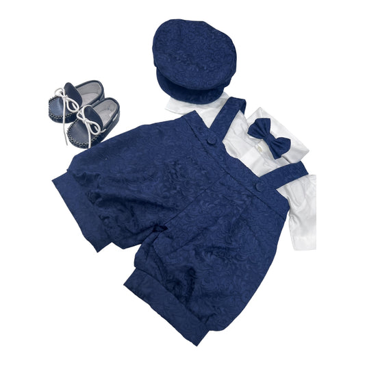 Nazareno Completo Elegante Battesimale Quattro Pezzi Salopette Camicia Papillon Coppola